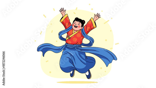 Joyful cartoon character in traditional Chinese attire, arms raised in celebration.