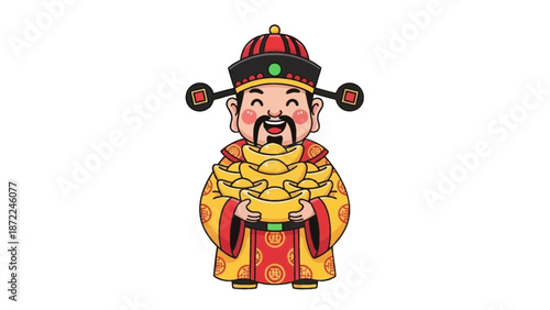 A cartoon illustration of the Chinese God of Wealth, holding a pile of gold ingots.