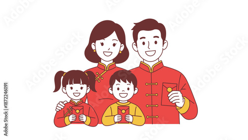 A happy Asian family celebrating Chinese New Year, dressed in red traditional clothes, holding red envelopes.