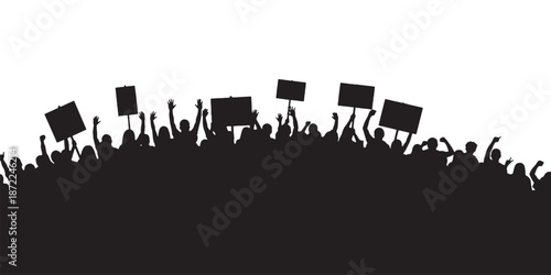 Crowd of protesters holding signs and raising fists in solidarity.