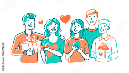 A group of diverse people sharing food boxes and helping others in a friendly doodle style. Heart motifs and warm, helpful expressions. Vibrant coral and teal color palette. Hand-sketched lines, profe