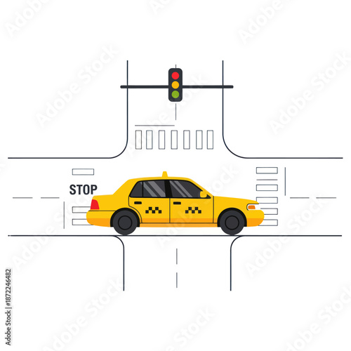 Yellow taxi cab stopped at a red traffic light at a city street intersection.