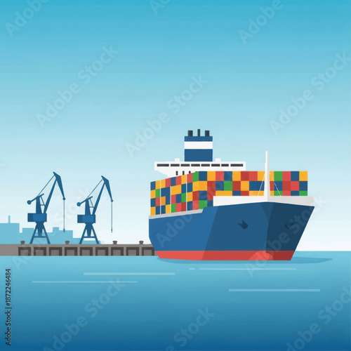 Vector illustration of a large container ship docked at a commercial seaport with cranes.