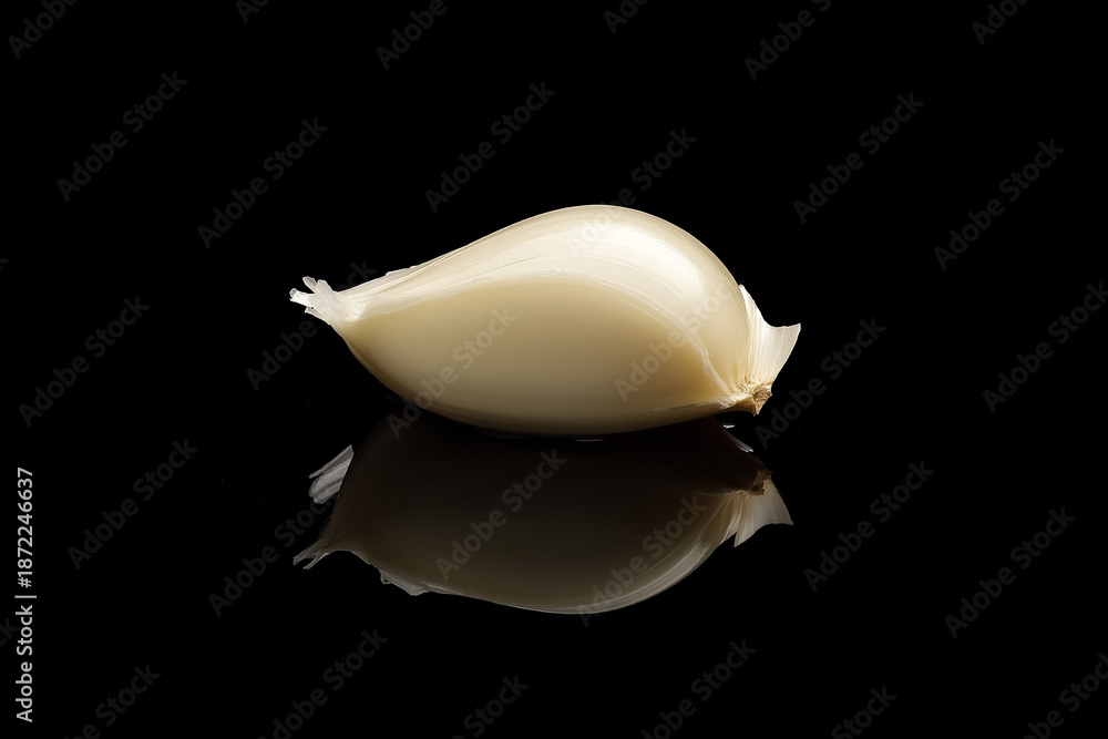 Fototapeta premium Minimal close-up of a single garlic clove isolated on a glossy black surface with subtle reflection, dramatic lighting, and high contrast emphasizing smooth texture and elegant simplicity