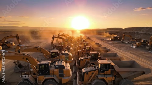 A wide aerial drone shot flying over heavy earthmoving machinery neatly parked in a dusty construction yard at sunrise wide shot, jobsite, excavation