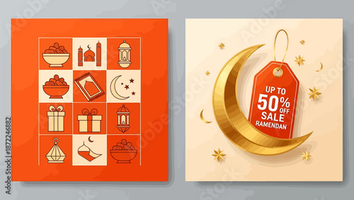 Ramadan sale promotion with gold crescent moon and Islamic icons