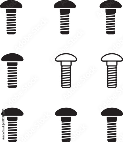 Isolated elevator bolt icon collection, elevator bolt fastener silhouette set, elevator bolt mechanical hardware vector, minimal industrial mechanical engineering design, professional construction bol
