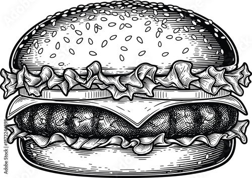 Vintage burger illustration, black and white, hand drawn hamburger engraving, sesame bun, lettuce, cheese, beef patty, isolated on white background