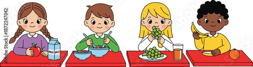 Cute children eating healthy food, school lunch kids illustration, balanced diet concept, fruits milk cereal meal, happy kids vector artwork