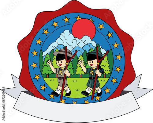 The logo of Boy Scouts and Girl Scouts hiking in the forest.