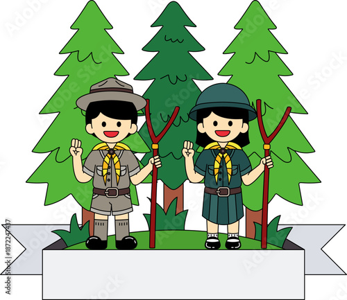 The logos of the Boy Scouts and Girl Scouts are standing in the forest