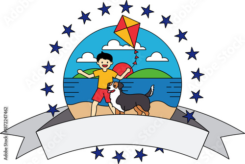 A boy and his dog are flying a kite on a beach