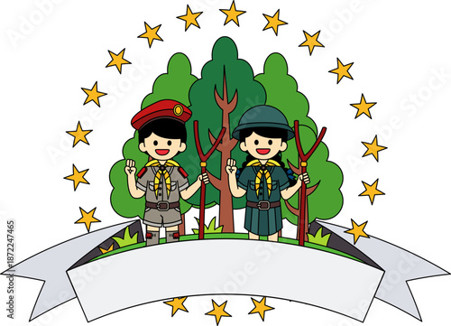 The Boy Scout and Girl Scout logos are in the forest