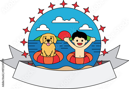 A boy and a dog are in the sea