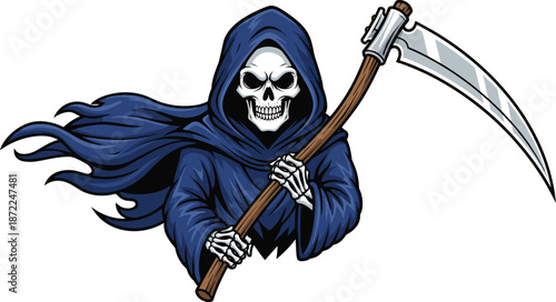Grim reaper holding scythe, dark hooded skeleton character illustration, death symbol, spooky fantasy artwork, Halloween horror design, vector style graphic