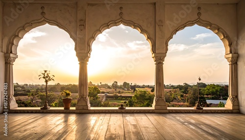 Architectural Arches Framing a Sunset View of Delhi, India.
