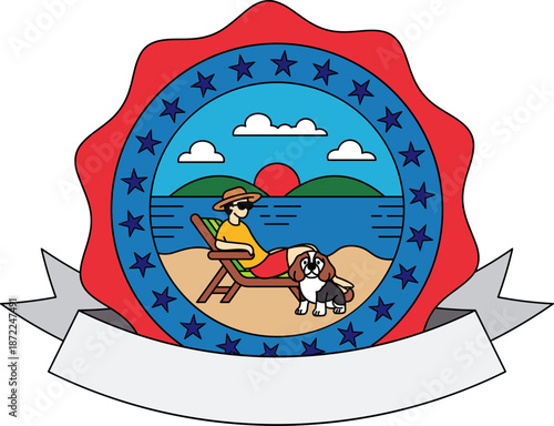 A man is relaxing on a beach with his dog