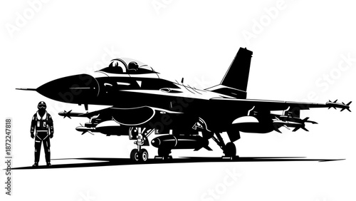 Military pilot standing beside a fighter jet on runway