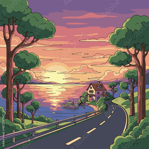 Sunset Coastal Road Trip Illustration with Lakeside House, Boat, and Scenic Landscape Vector