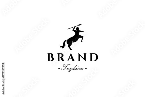 Centaur mythology logo carrying a spear in a flat black vector design style