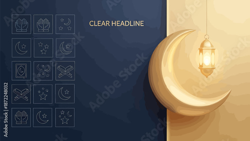 Elegant crescent moon with lantern on dark background for Ramadan or Islamic design