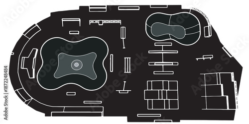 Top view of a black and white floor plan with various rooms and spaces.