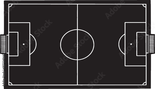 Overhead view of a soccer field with white lines on a black background.