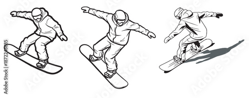 Three dynamic illustrations of a snowboarder performing tricks on a snowboard, captured in a stylized line art.
