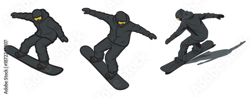 Three sequential illustrations of a snowboarder performing a jump and trick on a snowboard, depicted in a minimalist style.