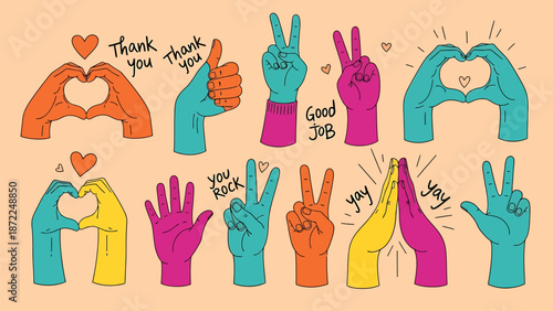 Colorful hands making positive gestures and signs
