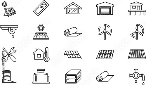 Construction icon set, home improvement, renewable energy, solar panel, wind turbine, tools, water system, building, black white, graphic