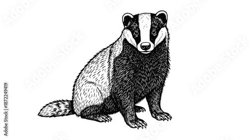 Detailed illustration of a badger sitting on a plain white background, viewed from the front