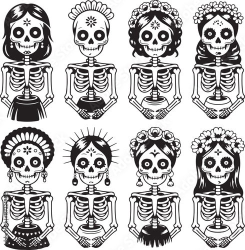 Day of the Dead skeletons with floral headpieces and decorative skulls