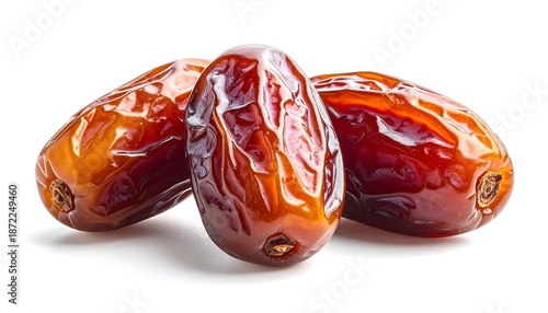Three Medjool Dates on a White Background, Close-Up.