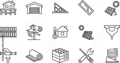 Construction icon set, home improvement, solar panel, wind turbine, plumbing, insulation, tools, energy efficiency, black white, graphic, sustainable