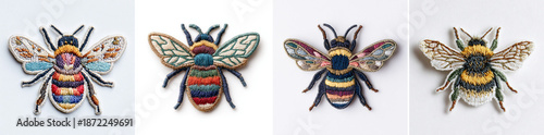 A detailed embroidered bumblebee patch, made with multicolored threads, with visible stitches and a textured fabric base, and a clear outline, white background, macro photography