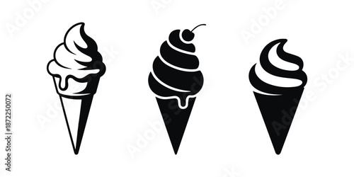 Black ice cream cone icon with cherry modern design.