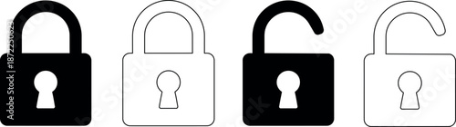Lock icon set with locked and unlocked padlocks, modern security symbols for app, ui, website, and logo, vector illustration on transparent background
