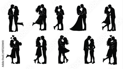 Romantic Couple Silhouette Set Kissing, Hugging and Dancing Poses, Valentine's Day