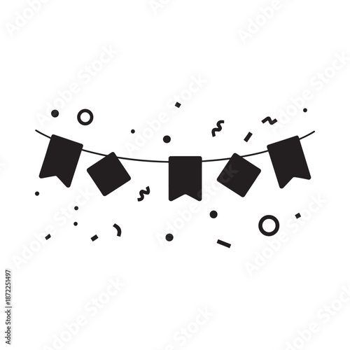 A simple black and white illustration of party bunting and confetti