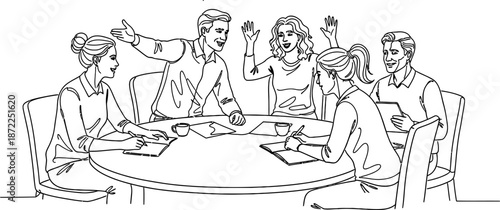 Dynamic team collaboration in a business meeting, line art illustration depicting a diverse group actively discussing ideas and working together effectively to achieve common goals