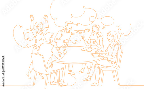 Engaged Business Team Meeting Line Art Illustration Demonstrating Collaboration and Communication in a Professional Setting