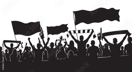 Silhouette of a crowd of people cheering and waving flags and scarves at a sporting event or protest.