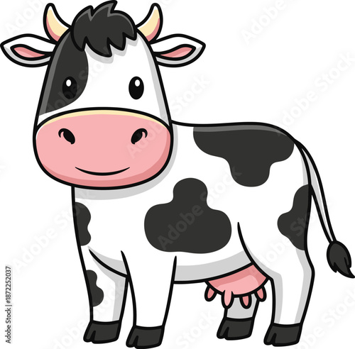 Cute Chibi Dairy Cow Illustration with Black and White Spotted Fur and Pink Udder for Kids Animal Stickers Educational Graphics and Kawaii Farm Mascot Designs