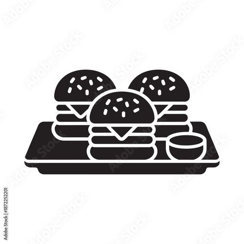 Black and white illustration of stacked burgers with a side of dipping sauce