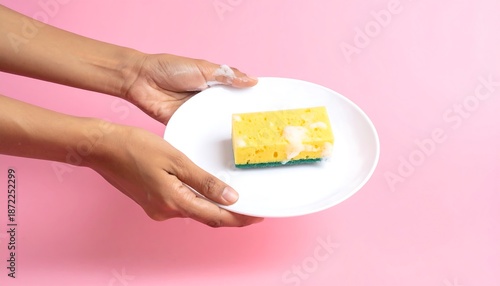 Hands holding a plate with a soapy sponge for cleaning.