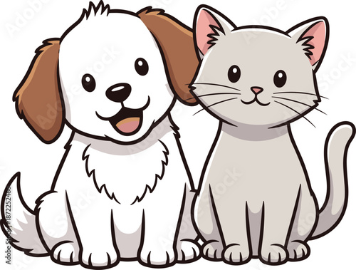 Cute White Puppy and Grey Kitten Best Friends Illustration Featuring a Smiling Little Dog with Brown Ears and a Happy Cat for Pet Adoption Posters Nursery Wall Art and Kids Sticker Designs