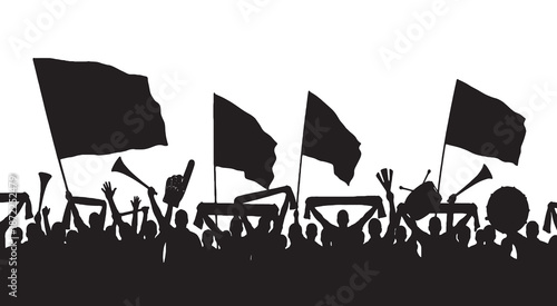 Silhouette of a crowd of cheering fans holding flags and noisemakers at a sporting event or concert.