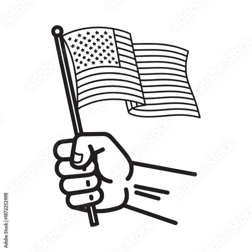 A hand firmly grasping and waving the american flag in black and white