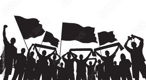 Silhouette of a crowd of people holding flags and banners, protesting or celebrating.